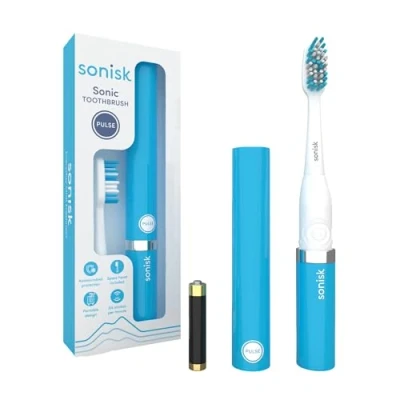 Image of Sonisk Pulse Battery Powered Electric Toothbrush Portable Travel Size with Antimicrobial Sonic Technology 1x Battery, 2X Brush Heads, Case Included (Brilliant Blue)