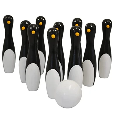 Image of House of Marbles Penguin Bowling 10 skittles , ball in fabric bag,Black, White, Yellow,Small