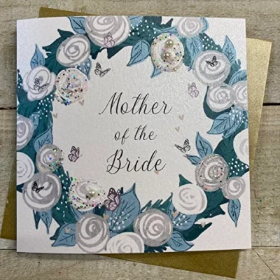 Image of WHITE COTTON CARDS MOTHER OF THE BRIDE, FLOWERS &amp; BUTTERFLIES WEDDING CARD, HAND FINISHED (D18 MOB)