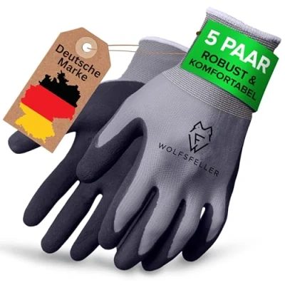 Image of WOLFSFELLER Premium Men&#039;s Work Gloves, Size 11, 5 Pairs, Robust &amp; Comfortable Women, Assembly Gloves with Durable Nitrile Coating