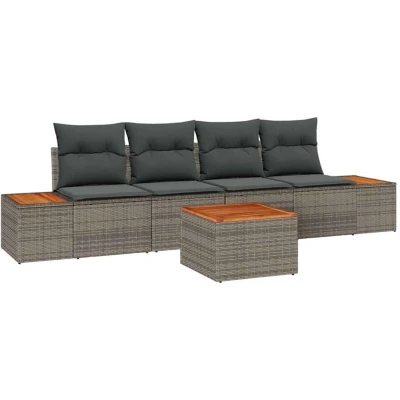 Image of vidaXL 5 Piece Garden Sofa Set with Cushions Grey Poly Rattan Acacia