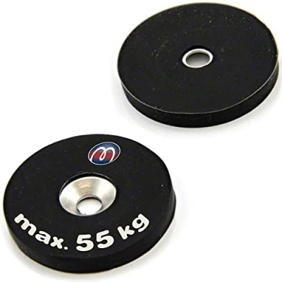Image of 2 x Neodymium magnet system Ø 88 mm black rubber coated with countersunk hole holds 55 kg pieces Flat bore &amp; countersink for screwing