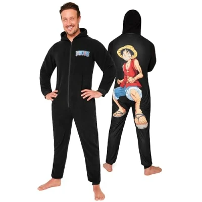 Image of One Piece Adult Onesie for Men Teenagers Hooded Fleece Onesies S 3XL Lounge Wear Mens Nightwear Gifts Him (Black, 3XL)