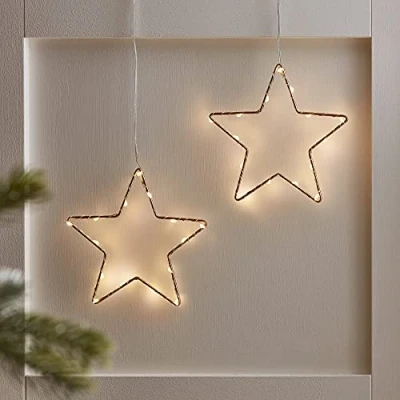Image of Lights4fun Set of 2 Gold Osby Light Up Stars Hanging Christmas Decoration Warm White LEDs Battery with Timer 15cm