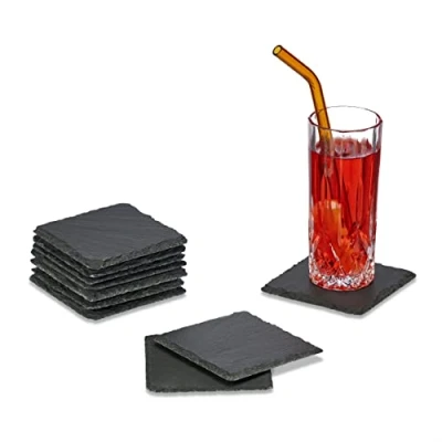 Image of Relaxdays Slate Coasters, Set of 10, for Coffee Table, Square Drink Mats, 10 x cm, Glasses &amp; Mugs, Anthracite