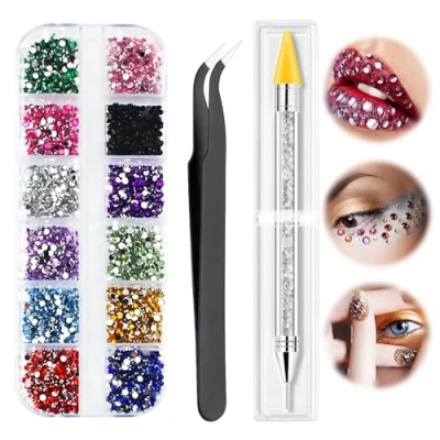 Image of Rhinestones for Nails, 1500 PCS Nail Glitter Gems, Decals with Pick Up Tweezers, Rhinestone Picker Dotting Pen Gems Stones Crystals, Ideal DIY Art Crafts (12 Color)