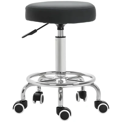 Image of Vinsetto Round PU Leather Salon Working Beautician Stool Adjustable Height w/Footrest Steel Frame Swivel Comfortable Barber Hairdresser Spa Seat Black