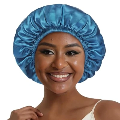 Image of Hat Hut Satin Bonnet Silk for Sleeping Hair Cap Curly Wrap Reversible (Prussian Blue/Black)