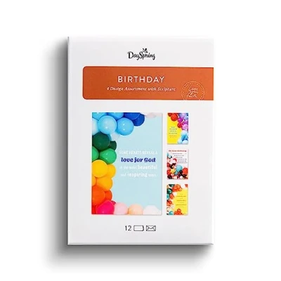 Image of DaySpring Birthday Balloons 4 Balloon Designs Assortment with Scripture 12 Happy Boxed Cards &amp; Envelopes (U0057)