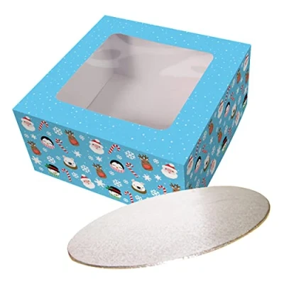 Image of Culpitt Christmas Friends Cake Box &amp; Silver Board, Card and Combo For Bakes Festive Treats 10 inch