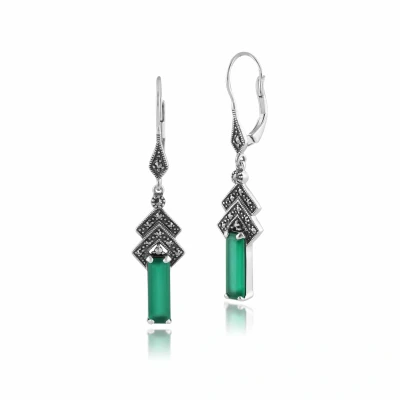 Image of Art Deco Style Rectangle Green Chalcedony &amp; Marcasite Drop Earrings in Silver