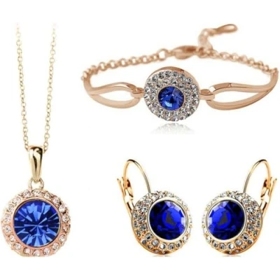 Image of FDEETY Jewelry Set for Women Rhinestone Crystal Necklace Earrings Bracelet Gifts Wedding Engagement Bridesmaid Costume Dress Prom Sets (Blue)