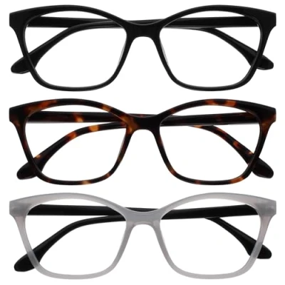 Image of OPULIZE KAT Reading Glasses 3 Pack Cat Eye Frame Black, Brown, Grey Men &amp; Women Spring Hinges RRR59 127 +1.50