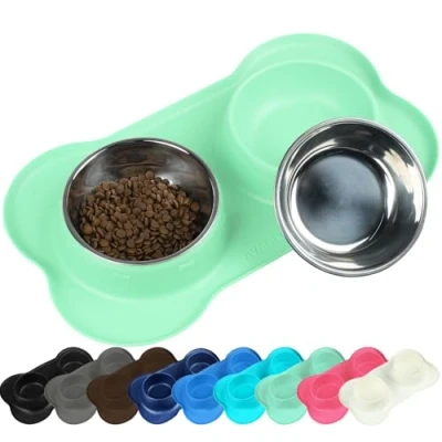 Image of VIVAGLORY Dog Bowl Set Stainless Steel Food and Water Feeding Bowls with Non Spill Skid Resistant Silicone Mat for Cats Puppies, 185ml Each, Mint Green