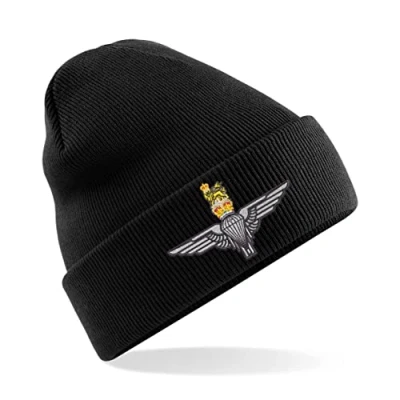 Image of Parachute Regiment Paratrooper Paras Insignia Mens Premium Embroidered Beanie Hat, Bob Hat British Army Military (Black)