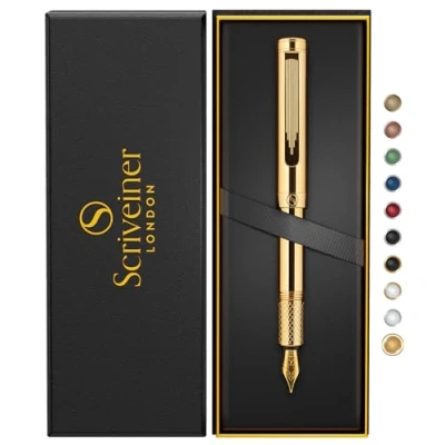 Image of Scriveiner Gold Luxury Fountain Pen (Fine) Award Winning Heavy Pocket Pen, 22K Gold, German Nib &amp; Converter, Nice Gift Pens for Men Women