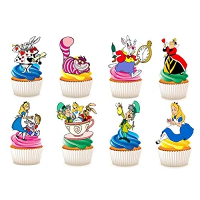 Image of 32 x Alice in Wonderland STAND UP Edible Paper Cupcake Toppers Cake Decorations