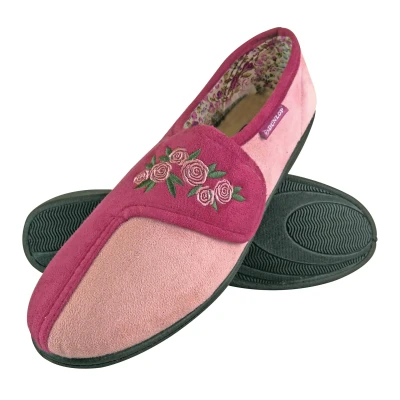 Image of Dunlop Ladies Adjustable Wide Fit Memory Foam Floral Velcro Slippers for Elderly Women (3 UK, Dusky Pink)