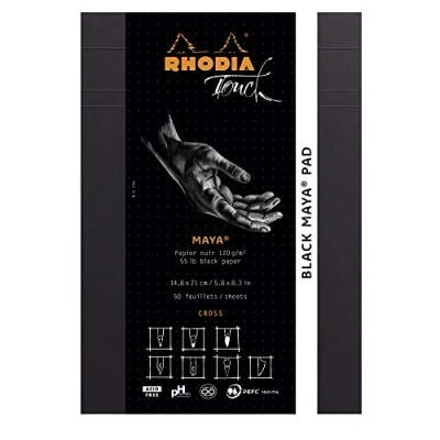 Image of RHODIA TOUCH 116111C Black Maya Pad A5 New Ruler Cross Block 50 Sheets Clairefontaine Paper 120 g/m for Calligraphy and Precise Drawing with Pencil, Liner, Pen