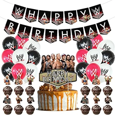 Image of Wrestlinss Birthday Party Decorations Supply Set for Kids with Happy Banner, Cake Topper, Cupcake Toppers, Balloons