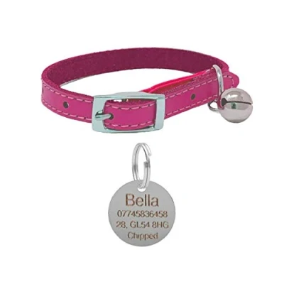 Image of JK Leather Cat Collar, Safety Elastic, Bell &amp; Engraved Nickel Tag (Pink)