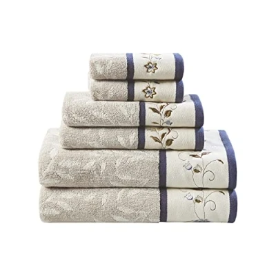 Image of Madison Park Serene 100% Cotton Bath Towel Set Luxurious Floral Embroidered Jacquard Design, Soft and Highly Absorbent for Shower, Multi Sizes, Navy, 6 Piece