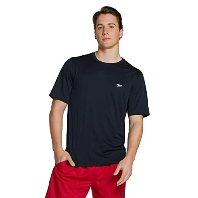 Image of Speedo Men&#039;s Short Sleeve Easy Rash Guard Swim Shirt with Uv and UPF 50+ Protection Black, X Large