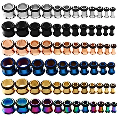 Image of KUBOOZ Stainless Steel Single Flare Ear Plug Kit, Tunnel Measuring Devices, Stretcher Frame Piercings, Mixed Size 14G 00G, 9 Pairs silver