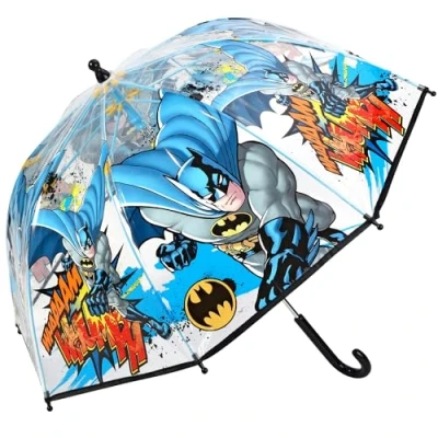Image of TDL Batman Umbrella Kids Childrens Brolly POE Dome Transparent Lightweight Rain Cover Superhero Design