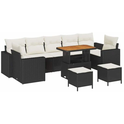 Image of vidaXL 10 Piece Garden Sofa Set with Cushions Black Poly Rattan Acacia