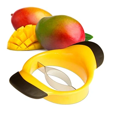 Image of Relaxdays Mango Slicer, Split &amp; Core Mangos, Non Slip Handles, Stainless Steel Blade, Cutter, Black Yellow
