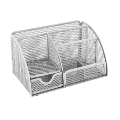 Image of OSCO Silver Wiremesh Desk Organiser with Drawer Tidy Pen Holder Makeup Container Pencil Storage 6 Compartments Stationery Caddy H13 x W22 D14 cm