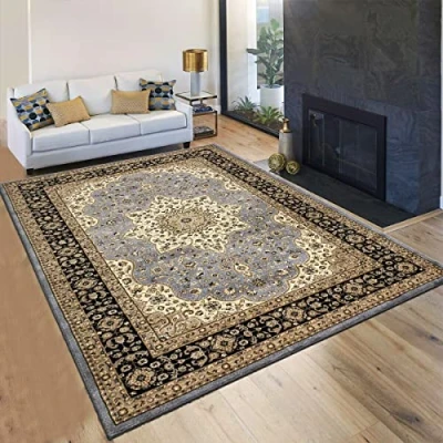 Image of householdfurnishing Vintage Traditional Non Slip Rug Bedroom Living Room Carpet Mat Runners Floral Pattern Wide Area Persian Style Rugs (60 x 110 cm Door Mat, Grey)