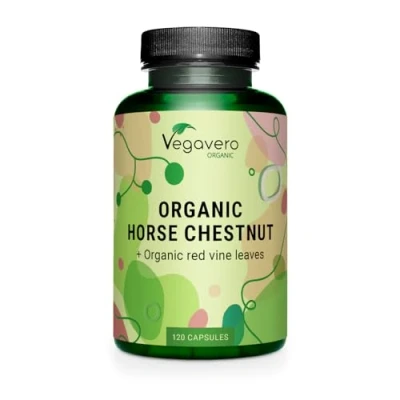 Image of Vegavero Organic Horse Chestnut Extract with Red Vines &amp; Acerola Cherry 120 Capsules NO Additives Circulation Varicose Veins Support Aesculus hippocastanum Vegan