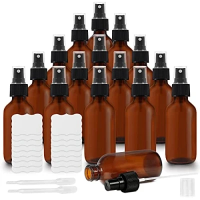 Image of BELLE VOUS Glass Amber Spray Bottles (16 Pack) 2 Pipettes &amp; Sticker Labels Included 60ml / 2oz Empty Fine Mist Bottle Sprayer Refillable for Essential Oils, Cleaning and Aromatherapy