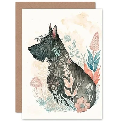 Image of Artery8 Scottish Terrier Dog in Flower Field Bright Modern Multicoloured Watercolour Illustration Art Birthday Sealed Greeting Card Plus Envelope Blank inside