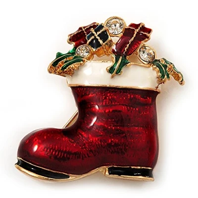 Image of Avalaya Christmas Stocking Brooch in Gold Plated Metal 40mm L