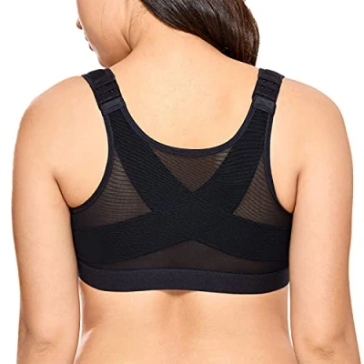 Image of Delimira Women&#039;s Front Fastening Bras Non Wired Posture Correcting Back Support Post Surgery Bra Plus Size Comfort Black 40E