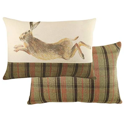 Image of Evans Lichfield Hunter Leaping Hare Square Tartan Feather Filled Cushion Multicolour One Size