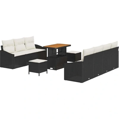 Image of vidaXL 10 Piece Garden Sofa Set with Cushions Black Poly Rattan Acacia
