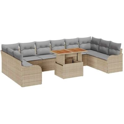 Image of vidaXL 11 Piece Garden Sofa Set with Cushions Beige Poly Rattan Acacia