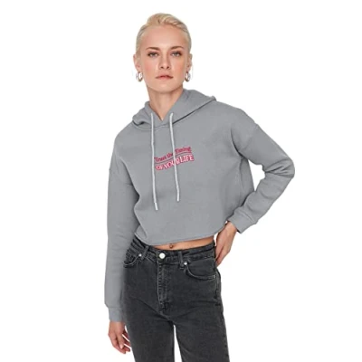 Image of Trendyol Women&#039;s Hood With Slogan Crop Sweatshirt, Gray, XL UK