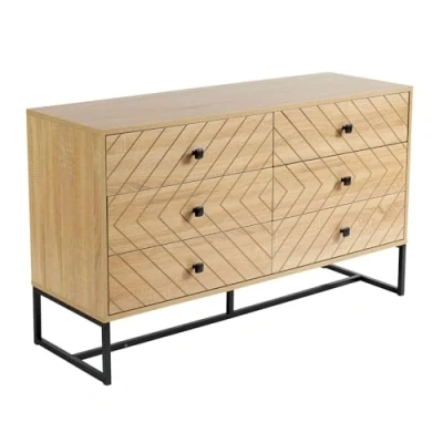 Image of Home Source Aztec Bedroom Chest of Drawers, Wooden Furniture Clothing Storage Unit, 6 Drawer, Oak Effect