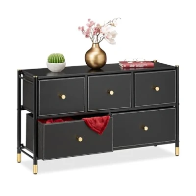 Image of Relaxdays Chest, HxWxD: 58.5 x 100 30 cm, 5, MDF &amp; Steel, Cabinet, Drawer Dresser, Black