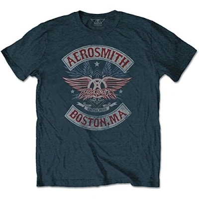 Image of Aerosmith T Shirt Boston Pride Band Logo Official Mens Navy Blue Snow Wash L