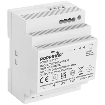 Image of Poppstar 24V Transformer DIN Rail output 24 V DC 3.83 A 92 W (input 100 240 AC 50/60 Hz) Adapter