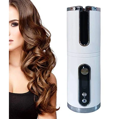 Image of Cordless Automatic Hair Curler, Auto Curler Adjustable Temperature with Built in Rechargeable Battery and LCD Display USB Intelligent Curling Iron Stying Tool, white