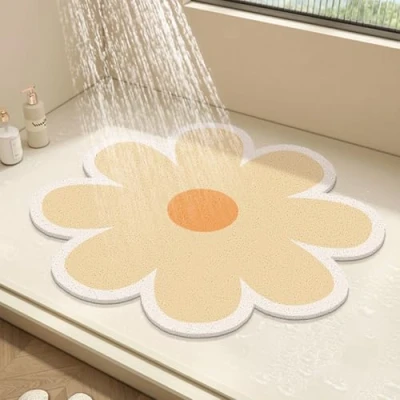 Image of Round Shower Mat Flower Bath for Inside Shower,PVC Loofah Bathroom Floor Mat,Non Slip Bathmat Anti Mould with Drain,Quick Drying (Yellow,60x60cm)