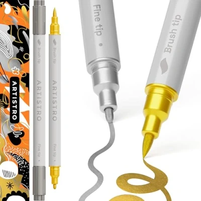Image of ARTISTRO 2 Silver&amp;Gold Acrylic Paint Pens, Markers Dual Tip (Brush + Fine 1 mm), for Fabric, Canvas, Rock, Glass, Wood, Paper, DYI, Kids and Adults
