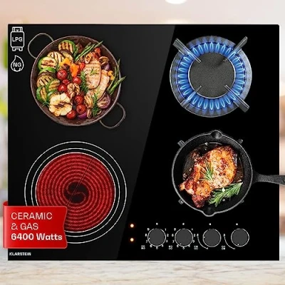 Image of Klarstein Gas Cooker, 4 Burners Hob, 6.4 kW Built in Four Ring Electric Campervan Cooktops Cookers, Stainless Steel Glass Top Wok Burner, Kitchen Stoves Cooker Units